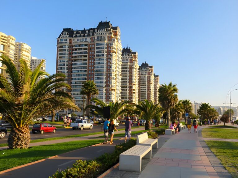 High-rise apartment buildings along a palm tree-lined coastal boulevard with pedestrians and traffic in Viña del Mar.