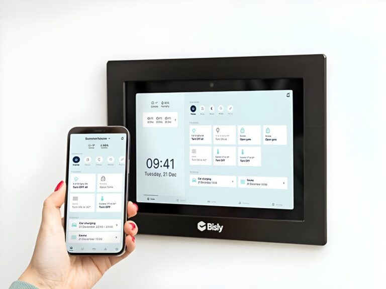 A hand holding a smartphone next to a wall-mounted Bisly smart building control panel displaying a digital interface.
