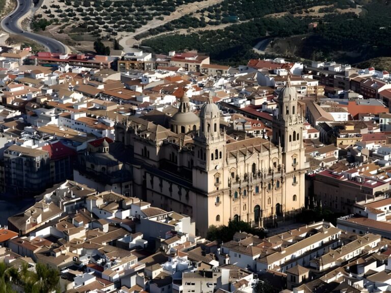 Aerial view of the Jaén Cathedral and surrounding city buildings in Spain with olive groves in the background.
