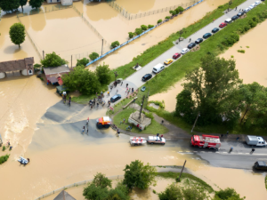 Aerial view of emergency vehicles and a line of cars on a road surrounded by brown floodwater in a rural area.