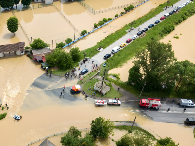 Aerial view of emergency vehicles and a line of cars on a road surrounded by brown floodwater in a rural area.