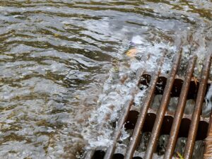 Water rushing through a rusted metal storm drain grate during a heavy rain event.