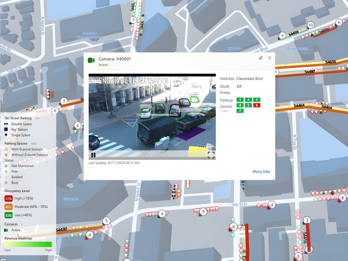 Umojo curb management software interface showing a digital city map with a live camera feed of vehicles on a street.