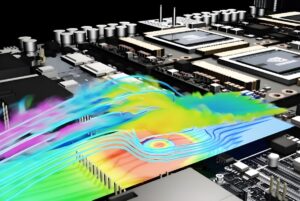 Close-up of an NVIDIA circuit board with a colorful digital heat map overlay showing thermal airflow patterns.