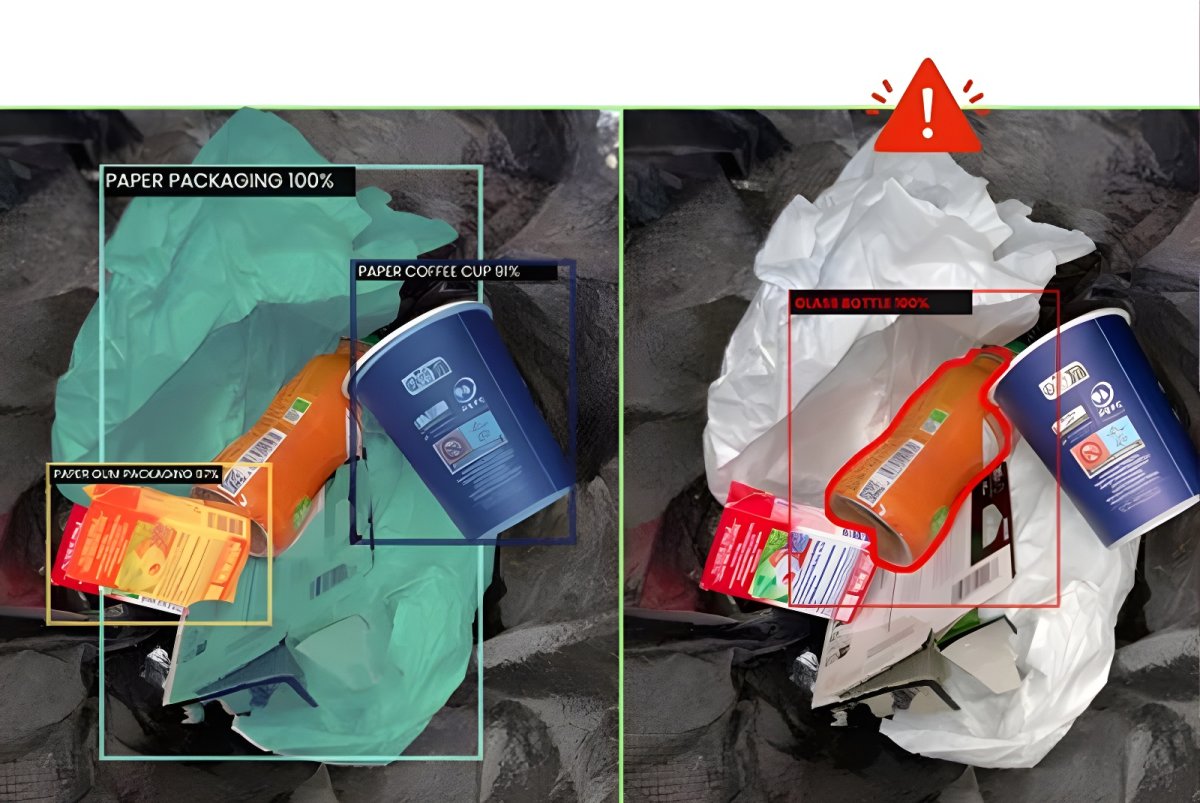 NANDO AI waste monitoring software identifying and labeling paper packaging and coffee cups in a trash bin.