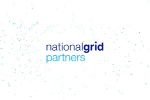 National Grid Partners logo centered on a white background with blue and teal digital particle effects.