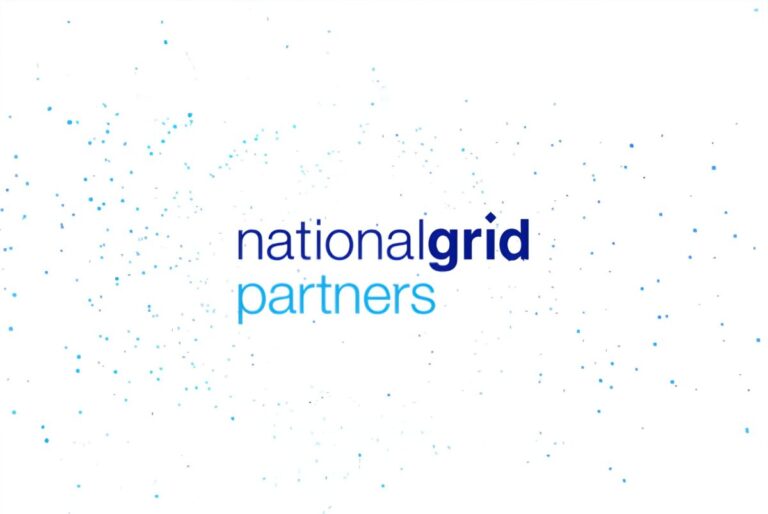 National Grid Partners logo centered on a white background with blue and teal digital particle effects.
