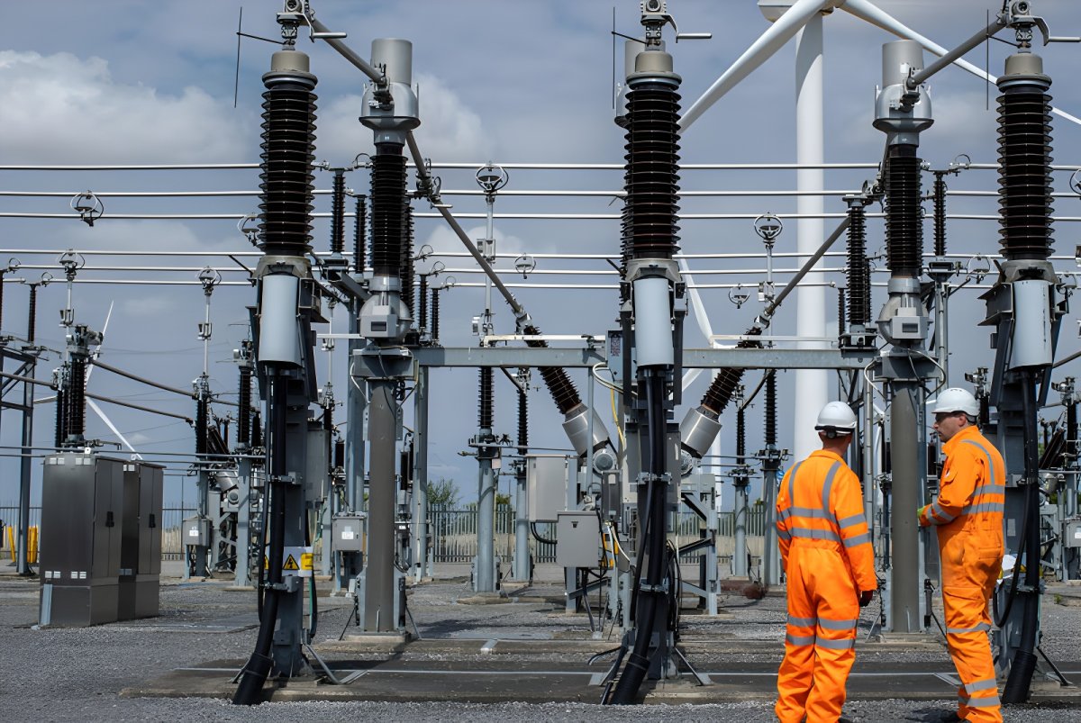 Two utility workers in orange high-visibility suits stand before high-voltage substation insulators and a wind turbine.