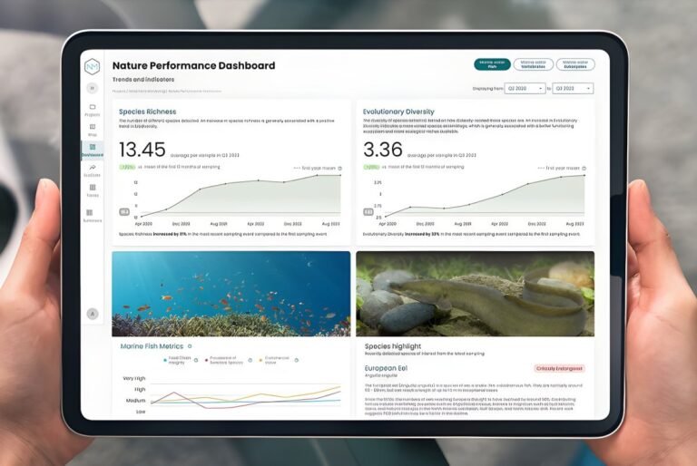 Hands holding a tablet displaying the NatureMetrics Nature Performance Dashboard with biodiversity data and species charts.