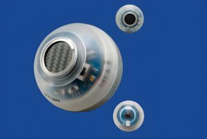 Three Aganova Nautilus sensors for water network leak detection shown from different angles against a blue background.