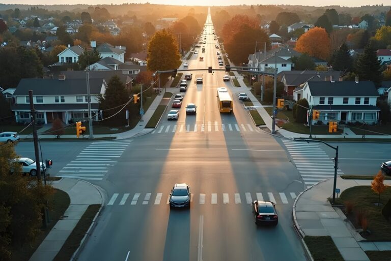 Aerial view of a suburban four-way intersection with cars and a bus at sunset.