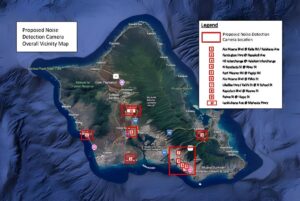 Satellite map of Oʻahu with red markers and a legend indicating ten proposed noise detection camera locations.