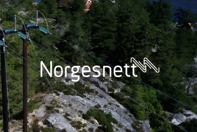 Norgesnett logo overlaid on utility poles and power lines running through a rocky, forested Nordic landscape.