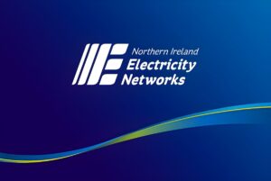 Northern Ireland Electricity Networks logo on a dark blue gradient background with a curved blue and yellow line.