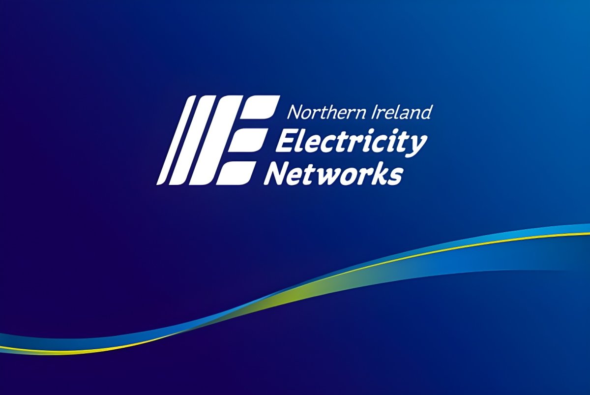 Northern Ireland Electricity Networks logo on a dark blue gradient background with a curved blue and yellow line.
