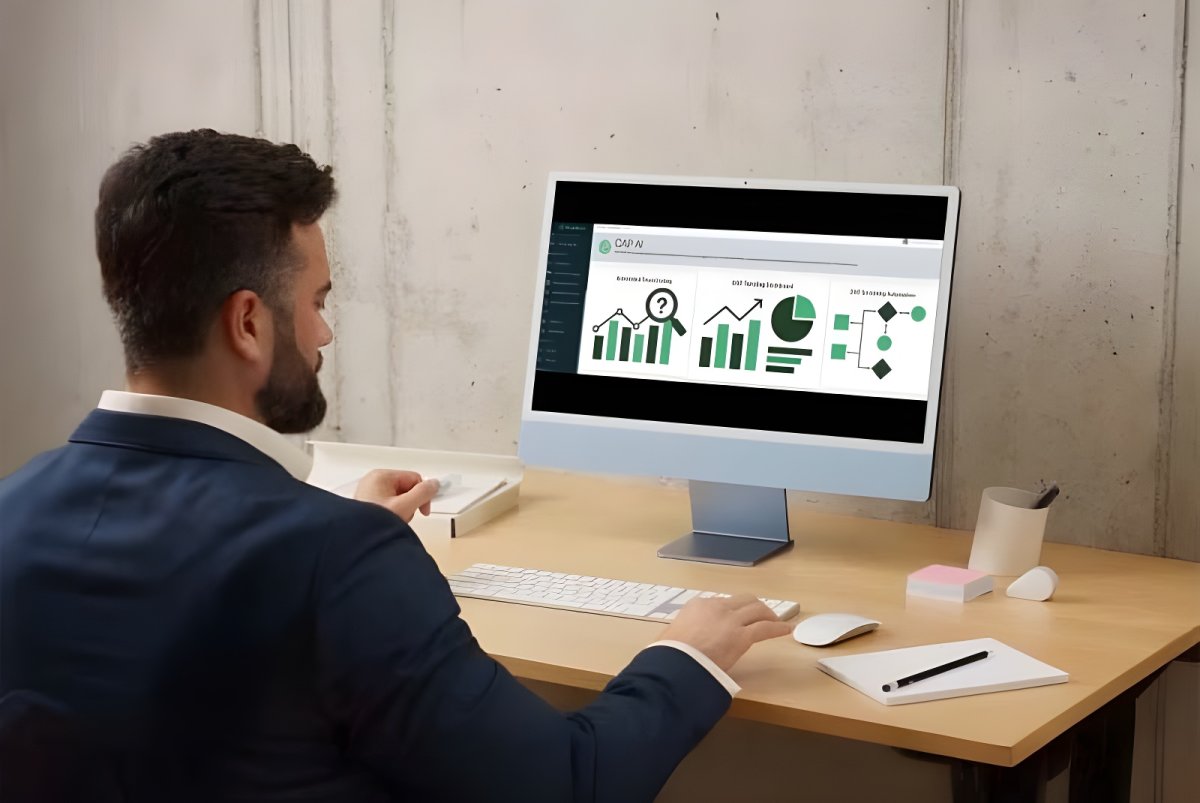 A man in a suit sits at a desk viewing the Nuclearn software dashboard featuring data charts on a computer monitor.