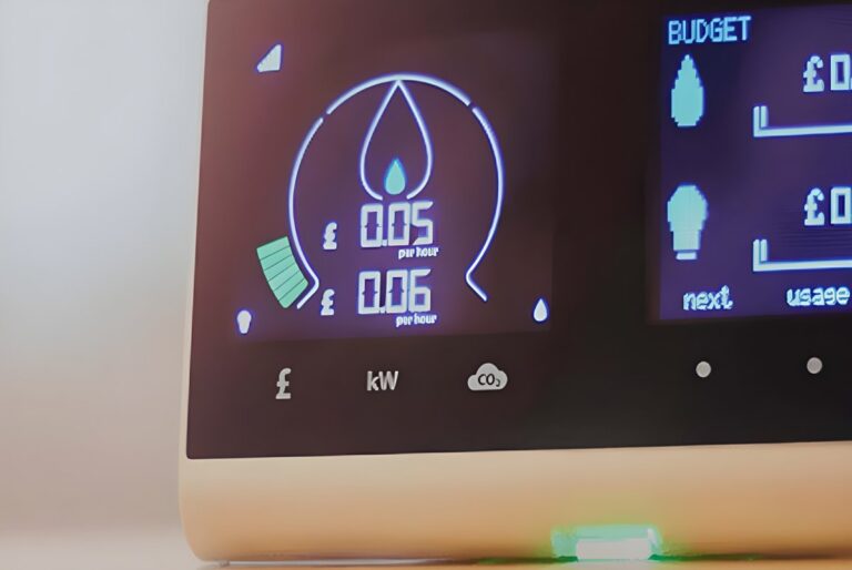 Close-up of a digital smart meter display showing real-time energy costs in British pounds and gas usage icons.