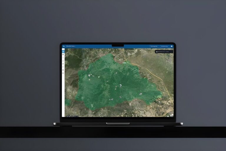 Laptop displaying the OroraTech wildfire intelligence platform with a green satellite map overlay on a dark background.