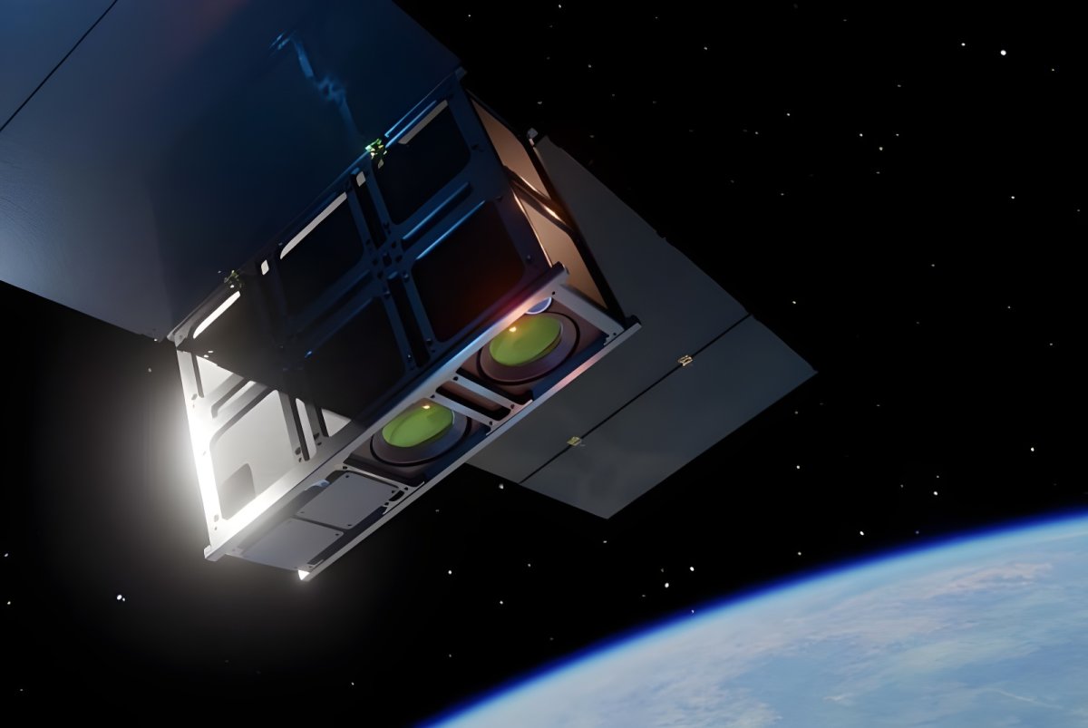 Digital rendering of an OroraTech wildfire-monitoring satellite with thermal sensors orbiting Earth in space.