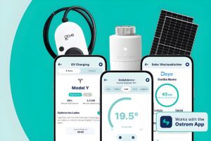 Ostrom app interfaces on smartphones displaying EV charging, HVAC, and solar data alongside a go-e charger and solar panel.