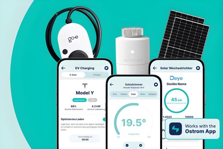 Ostrom app interfaces on smartphones displaying EV charging, HVAC, and solar data alongside a go-e charger and solar panel.