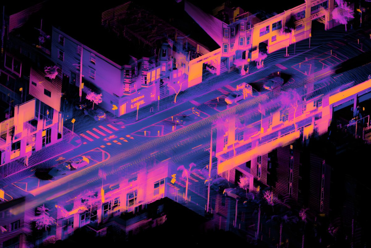 Ouster lidar point cloud visualization of a city intersection with buildings, crosswalks, and vehicles in pink and blue.