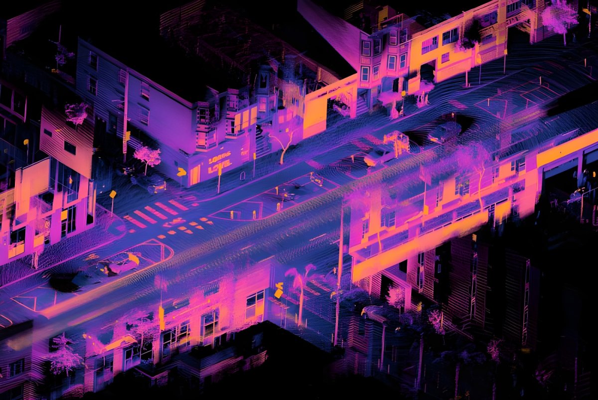3D lidar point cloud visualization of a city intersection with buildings, trees, and vehicles in purple and orange hues.