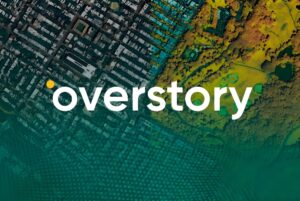 Overstory logo overlaid on a satellite view of an urban grid transitioning into a color-coded vegetation heat map.