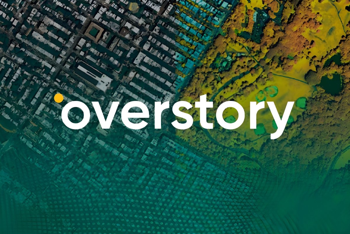 Overstory logo overlaid on a satellite view of an urban grid transitioning into a color-coded vegetation heat map.