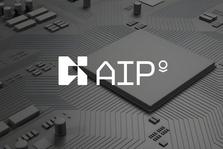 The Palantir AIP logo overlaid on a dark grey 3D rendering of a computer processor and circuit board.