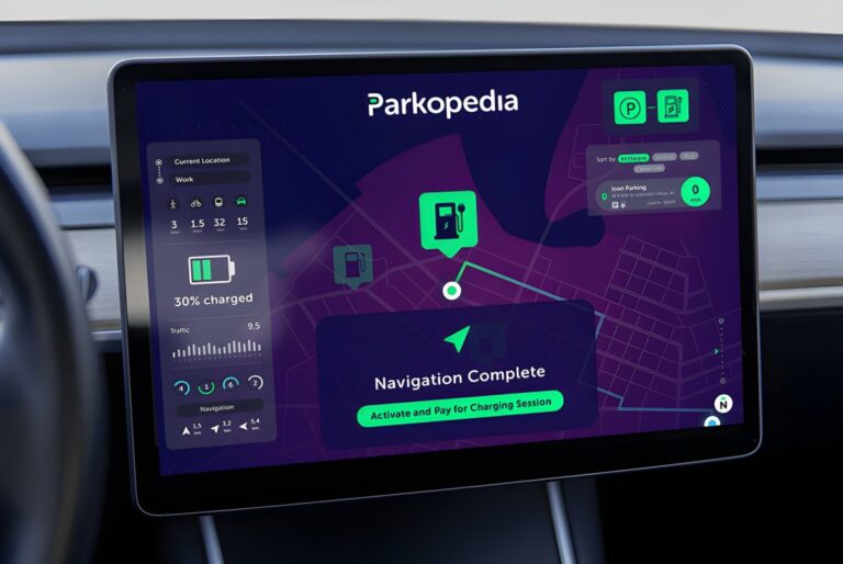 A Parkopedia navigation interface on a vehicle dashboard display showing EV charging and parking locations on a map.