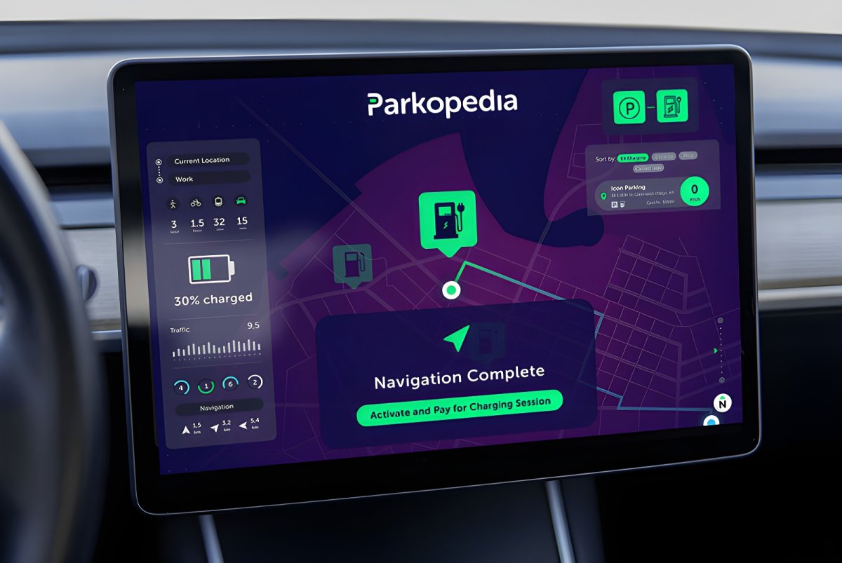 A Parkopedia navigation interface on a vehicle dashboard display showing EV charging and parking locations on a map.