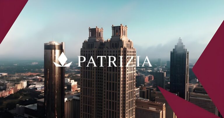 The Patrizia logo overlaid on an aerial view of the Atlanta skyline featuring the 191 Peachtree Tower.