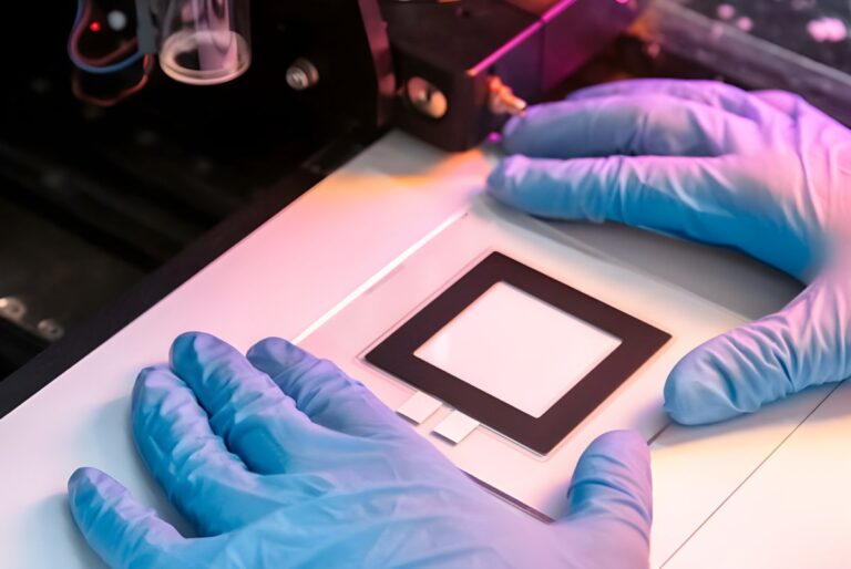 Gloved hands holding a square Perovskia Solar perovskite cell on a laboratory production surface.