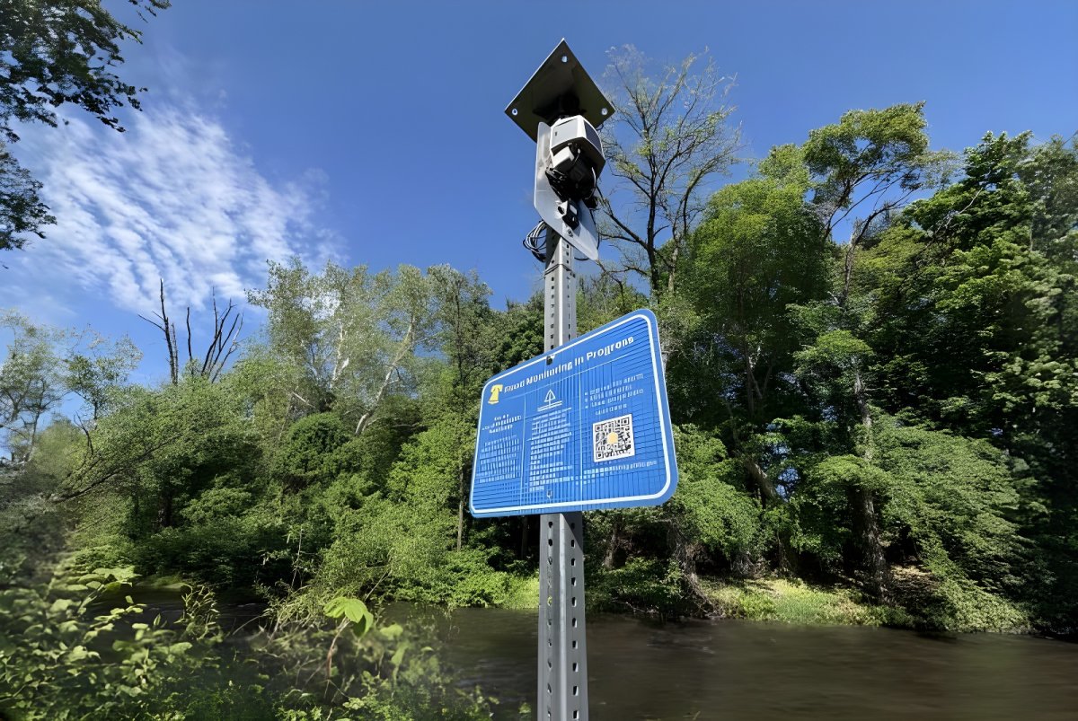 A flood sensor and blue informational sign with a QR code mounted on a metal post beside a river in a wooded area.