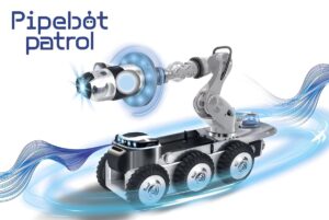 Six-wheeled Pipebot patrol robot with a mechanical arm and blue light sensors on a white background with blue wave graphics.