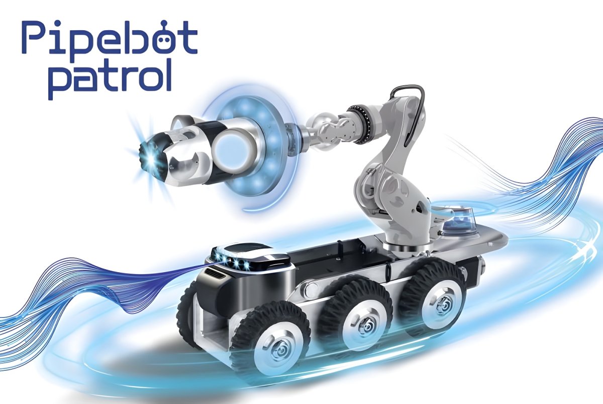 Six-wheeled Pipebot patrol robot with a mechanical arm and blue light sensors on a white background with blue wave graphics.