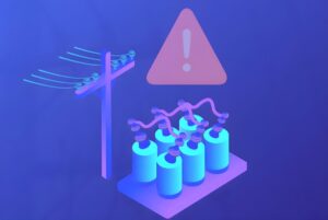 Isometric illustration of an electrical utility pole, a transformer bank, and a warning triangle icon on a blue background.