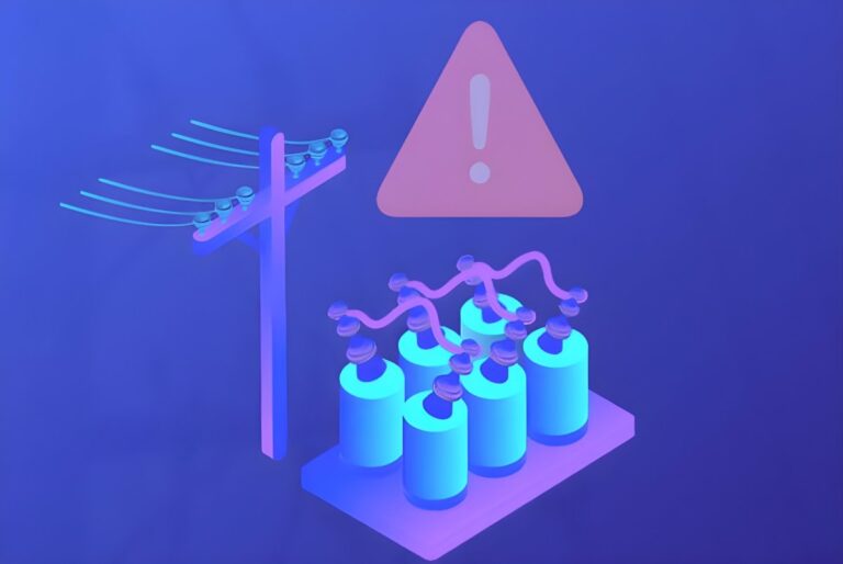 Isometric illustration of an electrical utility pole, a transformer bank, and a warning triangle icon on a blue background.