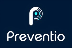 Preventio logo featuring a white stylized letter P with concentric signal lines and a blue dot on a dark navy background.