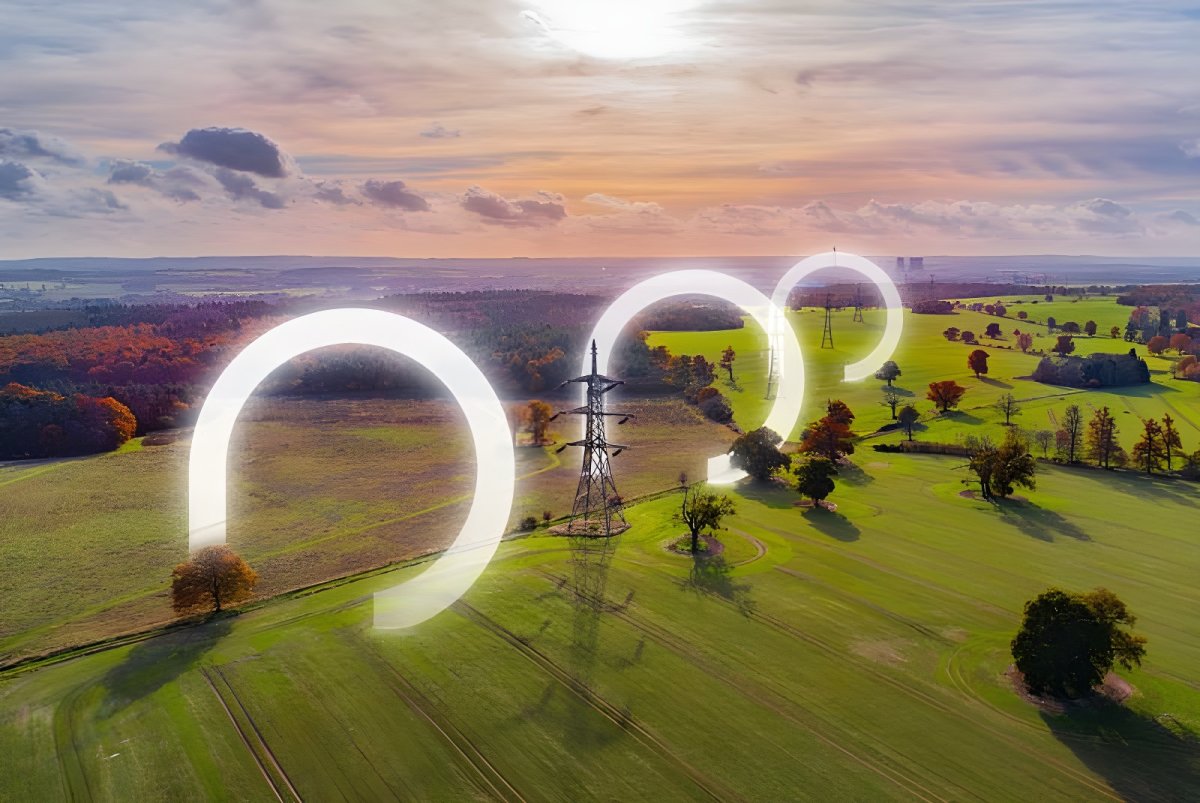 Aerial view of a high-voltage transmission tower in a rural field with glowing digital rings encircling the power lines.