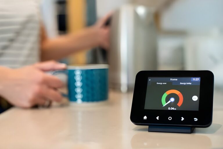A smart meter in-home display showing energy usage on a kitchen counter next to a person holding a mug.