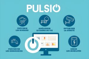Pulsio graphic showing a digital dashboard surrounded by icons for risk, environment, security, water, and mobility.