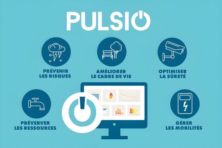 Pulsio graphic showing a digital dashboard surrounded by icons for risk, environment, security, water, and mobility.
