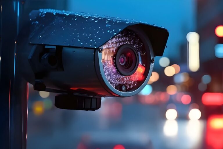Close-up of a wet security camera mounted on a pole at night with blurred city traffic lights in the background.