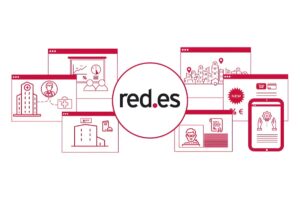 Red.es logo surrounded by icons representing digital services for healthcare, smart cities, and business administration.