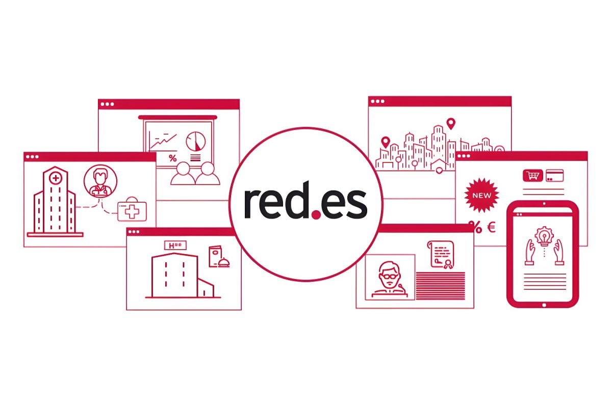 Red.es logo surrounded by icons representing digital services for healthcare, smart cities, and business administration.