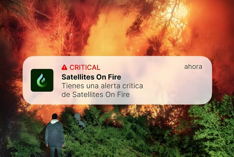 A Satellites On Fire critical mobile alert notification overlaid on a person watching a forest fire at night.