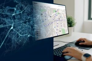A person uses a computer displaying a Schréder smart city map interface with a digital network overlay of city streets.