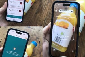 A person uses the Scrapp mobile app to scan a juice bottle barcode for recycling instructions.